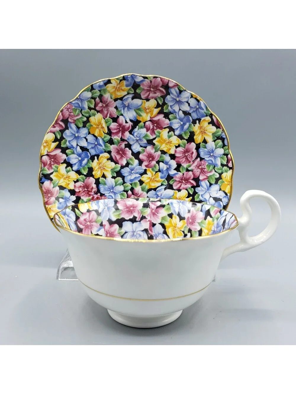 Vtg Radfords Teacup & Saucer Chintz Bone China England 8561 Pink Blue Yellow